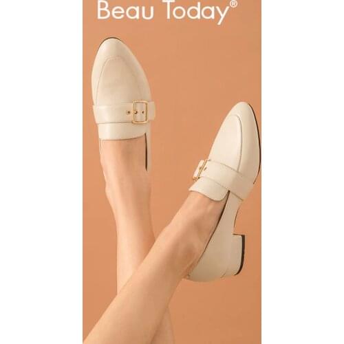 BeauToday Women Leather Loafers Calfskin Pointed Toe Classical Slip-On with Buckles Dress Shoes for Women Handmade 15727