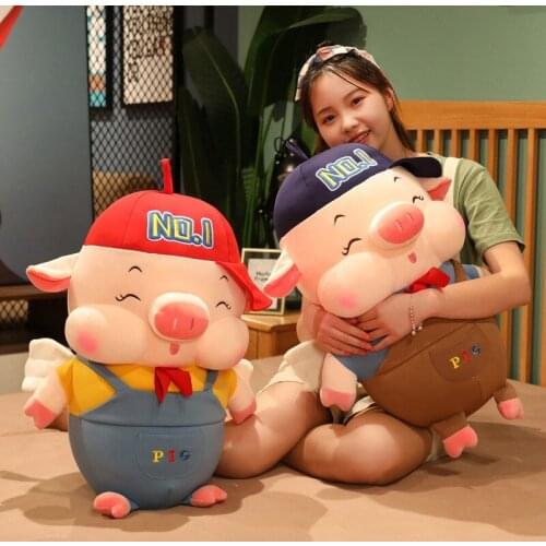 Cute Baseball Cap Piggy Plush Toy Soft Stuffed Cartoon Animal Overalls Angel Smile Pig Doll Birthday Gift For Girlfriends Child