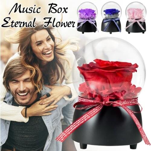 Eternal Flower Music Box Glass Dome Handmade Preserved Real Rose Glass Cover Immortal Flowers Valentines Day Gifts Wedding