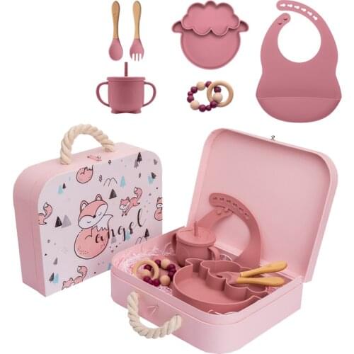 Baby Feeding Plate Set Sheep Silicone Shaped Tableware Sets with Exquisite Box Food Grade Learning Plate for Baby Birth Gifts