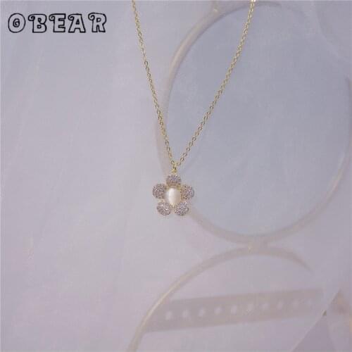 OBEAR Shiny Zircon Exquisite Flower Necklace Earrings for Women Simple Temperament 14k Real Gold Jewelry Gift