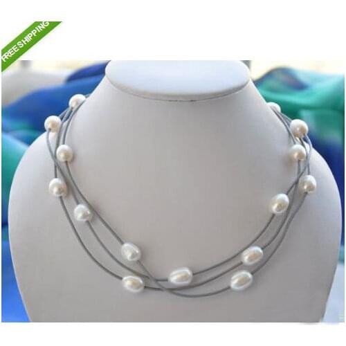 Unique Pearls jewellery Store 3 rows White Rice Freshwater Pearl Gray Leather Necklace Charming Women Wedding Birthday Gift