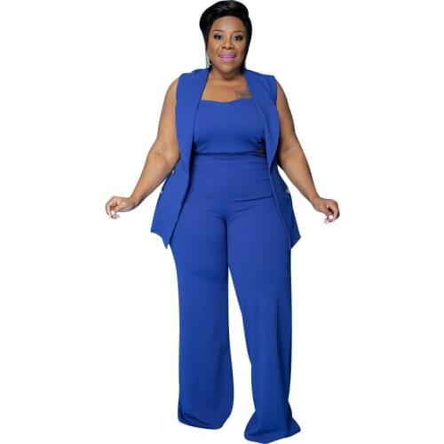 Pure color slim plus size women set OL three-piece summer suit straight loose long pants outfit trendy wholesale drop shipping