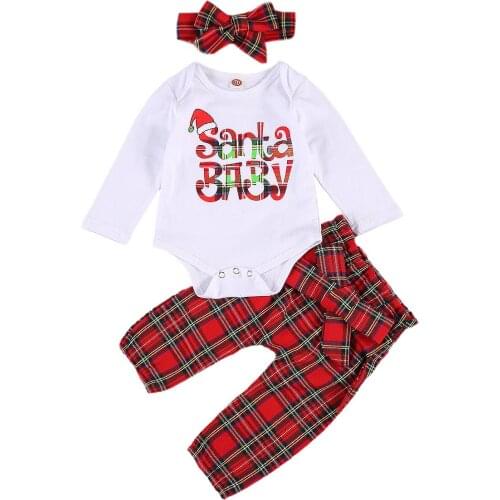 2020 Fall Christmas Newborn Baby Girls Clothing Set Toddler Long Sleeve SANTA BABY Print Tops + Bow Plaid Pants + Headband 0-24M