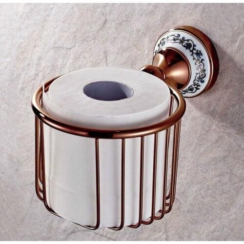 Luxury Rose Gold Brass Ceramic Flower Base Wall Mounted Bathroom Toilet Paper Roll Basket Holder Bathroom Accessory mba389