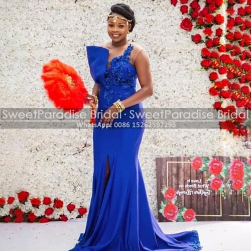 Chic Appliques Beads Roayl Blue Evening Dress Mermaid 2020 Women Long Sheer Neck Side Split Prom Dresses Party obe De Soiree