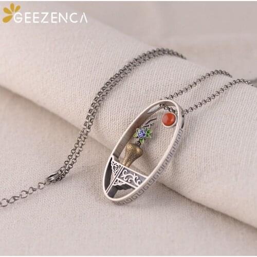 Vintage 925 Sterling Silver Handmade Enamel Flower Vase Pendant Necklace Retro Unique Ethnic Necklaces 2020 Newest Fine Jewelry