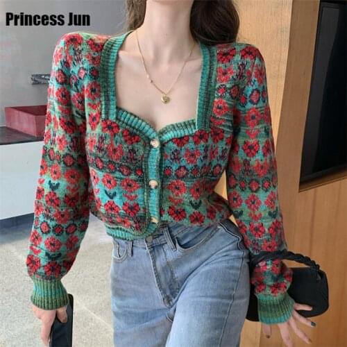 Knitted Cardigan Fashion Women Print Slim Short Sweater Retro Square Collar Single Breast Knitwear Colorful Long Sleeve Jumper