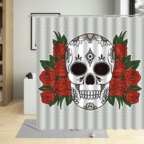 Halloween Shower Curtain Flower Skull Personality Creative Sugar Skull Pattern Bathroom Decor Polyester Cloth Curtains Set Hooks