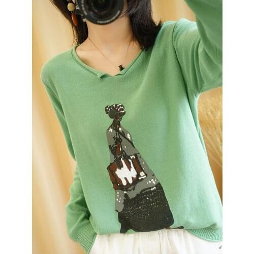 Spring and Autumn Womens Pure Cotton Long Sleeve T-shirt Cotton Linen Sweater Printed V-neck Bottom Knit Top Thin Loose