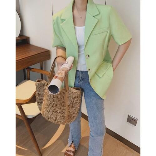 2021 Womens Cotton Linen Light Green Summer Jacket Blazer Za Woman Suit Coat Female Oversize Office Clothes Ponchos Fashion Y2K