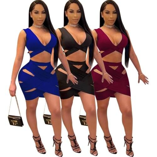Sexy Strap Club Skirt Sets Woman Sleeveless V Neck Crop Top and Hollow out Mini Skirt Summer 2 Pieces Outfits 2021 Party Wear