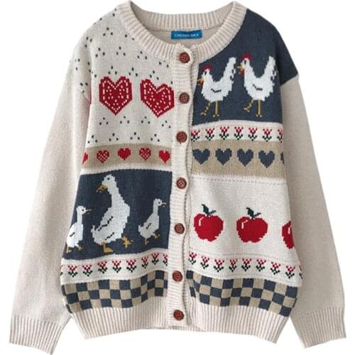 2021 Japanese Lolita Style Autumn Winter Women Sweater Funny Duck Cock Pattern Loose Sweater Cute Kawaii Animal Thick Cardigan