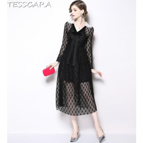 TESSCARA Women Summer Elegant Lace Mesh Dress Festa Female High Quality Designer Office Party Vestidos Vintage Long Robe Femme