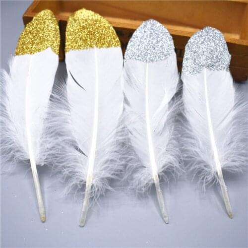 2018 Glitter Gold silver Dipped Natural White Feathers for Various Crafts DIY Decor Feathers for crafts Wedding Decoration plume