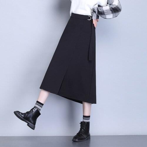 2021 spring new A-line skirt outdoor photo black slim temperament high waist over the knee split mid-length skirt high-end desig