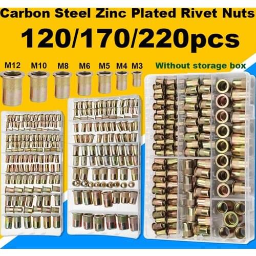 220pc M3 M4 M5 M6 M8 M10 M12 Zinc Plated Carbon Steel Knurled Nuts Rivnut Flat Head Threaded Rivet Insert Nutsert Cap Rivet Nut