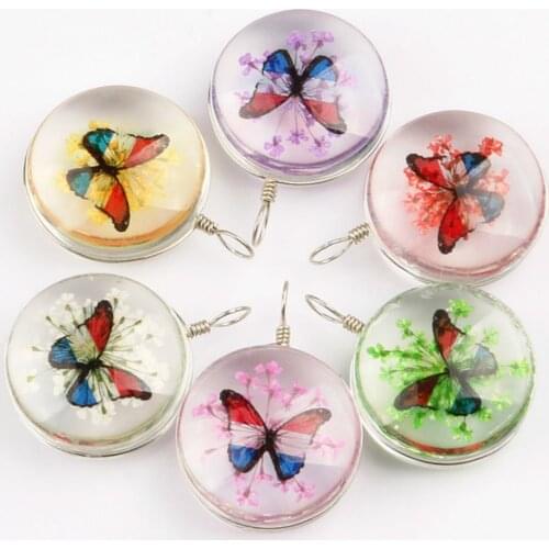 5pcs Round Dandelion Color Dried Flower Charms Jewelry Making Transparent Plexiglas Glass Pendant for DIY Necklace Accessories