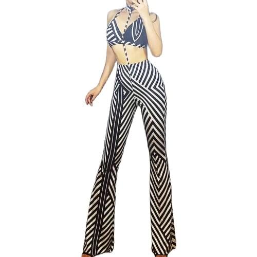 Black And White Stripes Bra Neck-Mounted Flare Pants Two-Piece Suit Party Evening Costume Club Stage Clothing Uniform Costumes