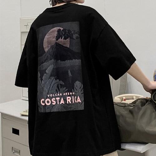 Oversize mens T-shirt landscape print short-sleeved fashion casual large size loose English pattern men and women couples