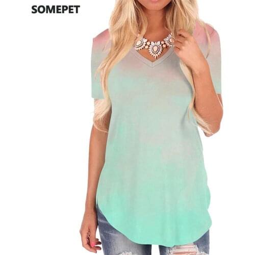 SOMEPET Colorful T Shirt Women Gradient V-neck Tshirt Psychedelic Tshirts Printed Abstract T-shirts 3d Womens Clothing Summer