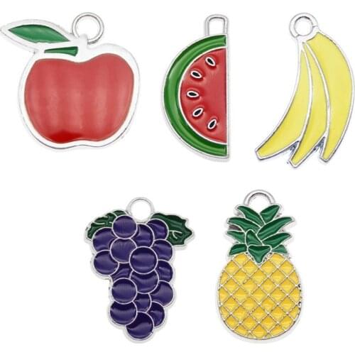 Julie Wang 5PCS Enamel Fruit Charms Alloy Mixed Apple Grape Grape Pineapple Watermelon Banana Pendants Jewelry Making Accessory