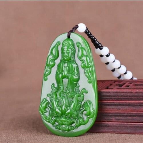 Chinese Green Jade Guanyin Pendant Necklace Charm Jewellery Fashion Accessories Hand-Carved Man Woman Luck Amulet Sweater Chain