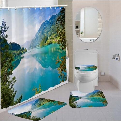 Landscape Bath Curtain Set Mountain Tropical Beach Waterproof Shower Curtain Toilet Lid Cover Bath Curtain 4 Piece for Bathroom