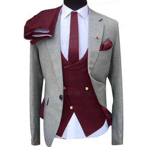 Grey Men Business Suit Slim Fit Blazer Tailored Groom Wedding Suit Tuxedo Jacket Burgundy Double Breasted Vest Pants 3 Pieces