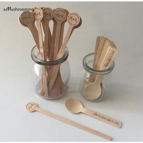 Personalized Rustic Wedding Candy Bar Tableware Disposable Drinking Stirrer Sticks Biodegrable Mini Wooden Dessert Spoons 100pcs