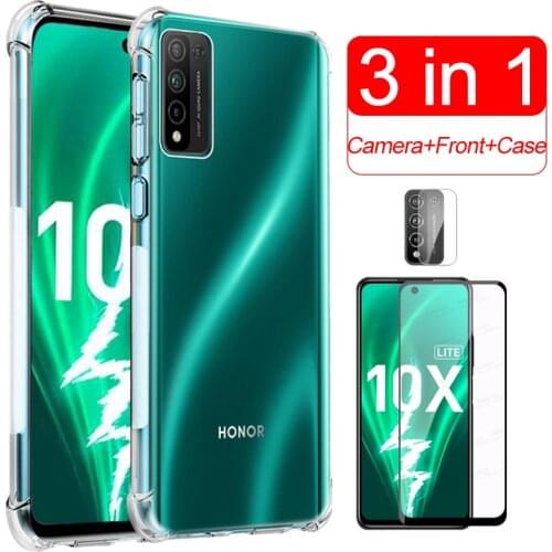 Transparent Case For Huawei Honor 10x Lite 10 20 Light 10i Honer 9x 9a 9c 9s 9 20S P20 Pro P30 P40 Camera + Front Tempered Glass