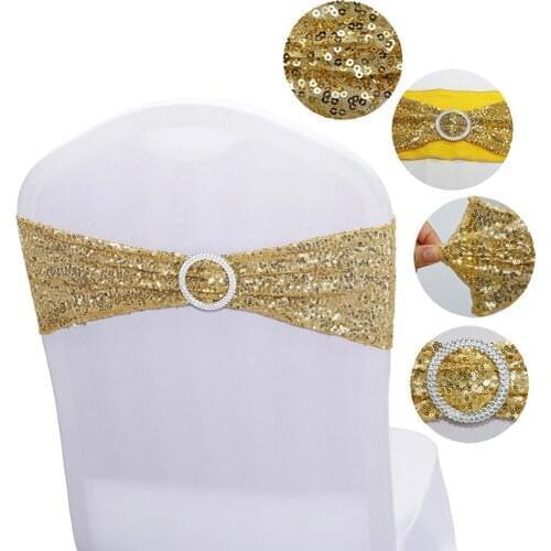 Rose Gold Silver Color Spandex Sequin Wedding Chair Bow Sashes Stretch Chair Bands With Round Buckle Hotel Event Party Decor