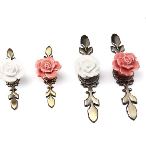 Ceramic Alloy Base Cabinet Pulls Pink Rose Kitchen Door Handles Drawer Closet Cupboard Small/Large Knobs Furniture Accessories