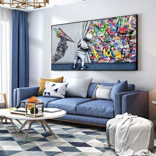 Street Graffiti Art Painting on Canvas Posters and Prints Kids Behind the Curtain Wall Picture for Living Room Cuadros Decor