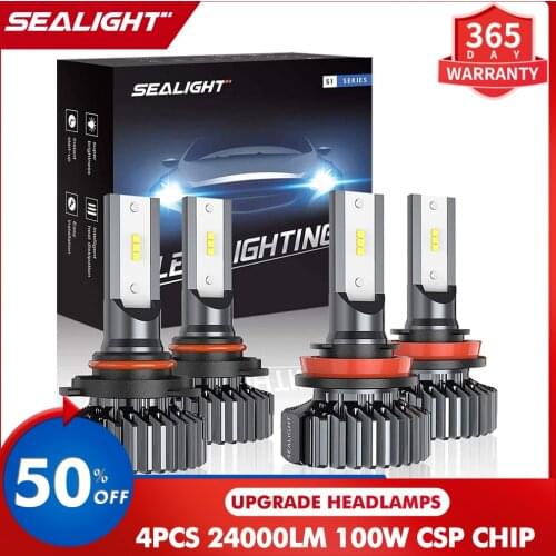 SEALIGHT Upgrade 4pc 9005 and H11 LED Headlight Bulbs 24000LM 100W High Low Beam Combo CSP Chips Canbus Led Headlamp 6000K White