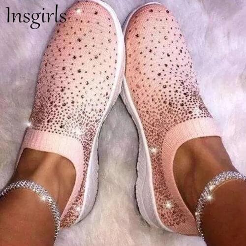 New Large-Sized Flats Women 2021 All Season Daily Glitter Crystal Ladies Knitted Fabric Casual Shoes Running Walking Sneakers