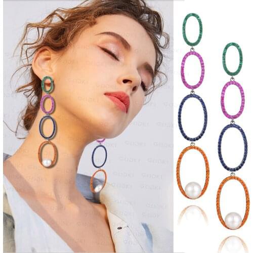 GODK Luxury Long Drop Earring for Women Wedding Shell Pearl Cubic Zirconia Crystal Statement Party Bridal Fringed Jewelry Gift