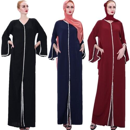 Ramadan Women Beads Abaya Dubai Kaftan Long Maxi Dress Muslim Falre Sleeve Cocktai Party Gown Islam Clothing Caftan Robe Jilbab