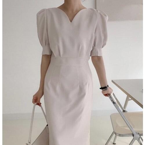 New WomenS Dress For 2021 Summer Korean One-Piece Simple V-Neck Puff Sleeve Fashion Office Ladies Dress Solid Dress Long Dress
