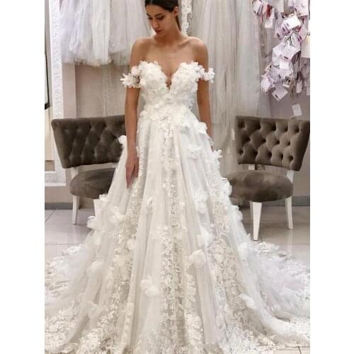 Flowers Lace Off Shoulder Wedding Dresses for Bride 2021 A Line Wedding Bridal Dress robe de soirée de mariage