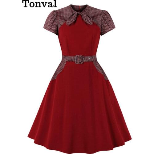 Tonval Plaid and Burgundy Elegant Bow Neck Women 50s Vintage Swing Dress Short Sleeve Pockets A Line Belted Dresses