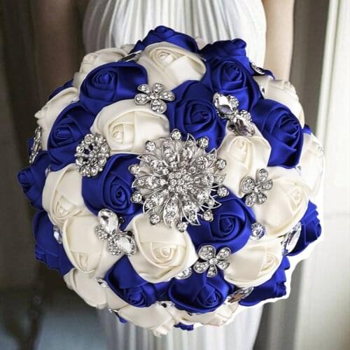 1pc/lot Royal Ribbon Wedding Bouquet Silver Diamond Pearl Decoration Bridal Wedding Bouquet Artificial Ribbon Rose Wedding