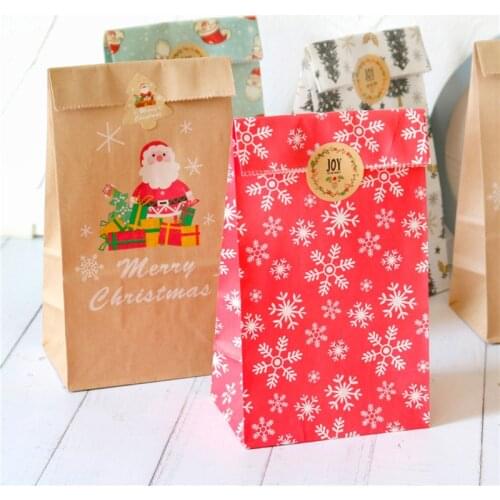 12PCS Christmas Kraft Gift Bags Santa Snowman Xmas Tree Paper Bag With Stickers Party Favor Wrapping Supplies Envelopes