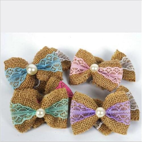 20pcs/Lot 5*8cm Handmade Natural Jute Lace Burlap Pearl Bowknot Bows for Wedding Party DIY Hair Bow Hat Craft Accessories