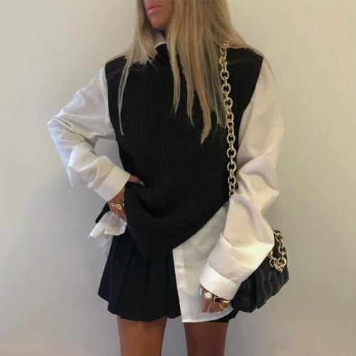 Ardm Za 2020 Women Fashion With Ribbed Trim Cable-knit Long Sweater Vest Vintage High Neck White Oversize Female Waistcoat Tops