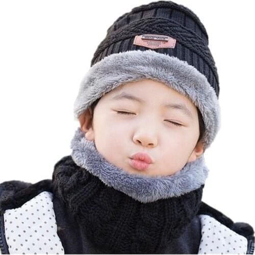 Simple parent child 2pcs super warm Winter balaclava wool Beanies Knitted Hat and scarf for 3-12 years old girl boy hats