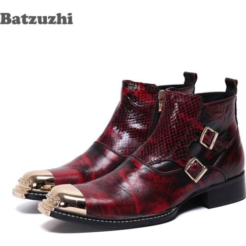 Batzuzhi Fashion Men Boots Gold Iron Toe Luxury Mens Leather Boots Ankle Buckles Red Party Wedding Dress Boots chaussure homme