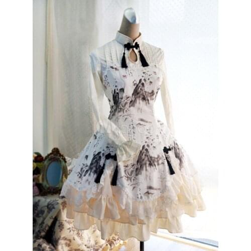 Qi Lolita Dress Incense Landscape And Dragon Printed OP Lolita One Piece Dress Sleeveless Plum Blossom Printed Lolita Dress