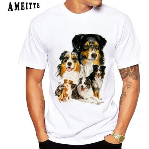 New Summer Fashion Mens Short Sleeve Australian Shepherd Print T-Shirt Hip Hop Boy Casual Tops Funny Dog Design White Tees