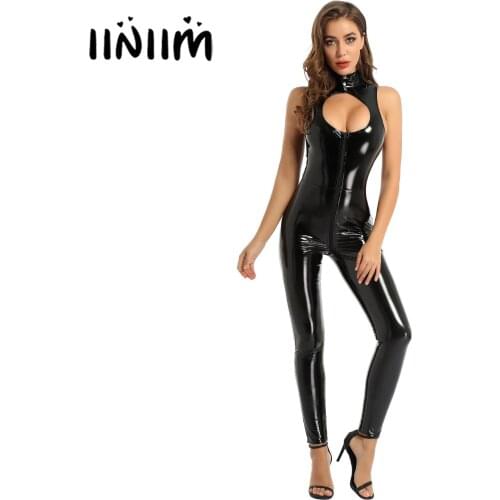 Iiniim Womens Femme One-piece Moto Wet Look Patent Leather Sleeveless Zippered Catsuit Romper Jumpsuit Latex Clubwear Costumes